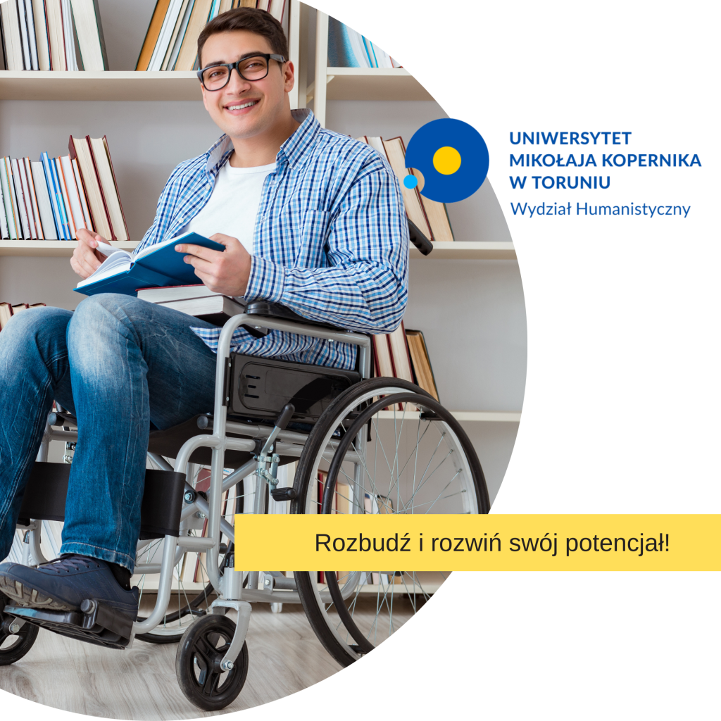 Uśmiechnięty student na wózku, który trzyma w rękach książkę. Napis: Rozbudź i rozwiń swój potencjał! 