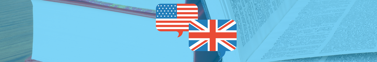 W tle słowniki języka angielskiego. Na nich flagi Wielkiej Brytanii i USA. 